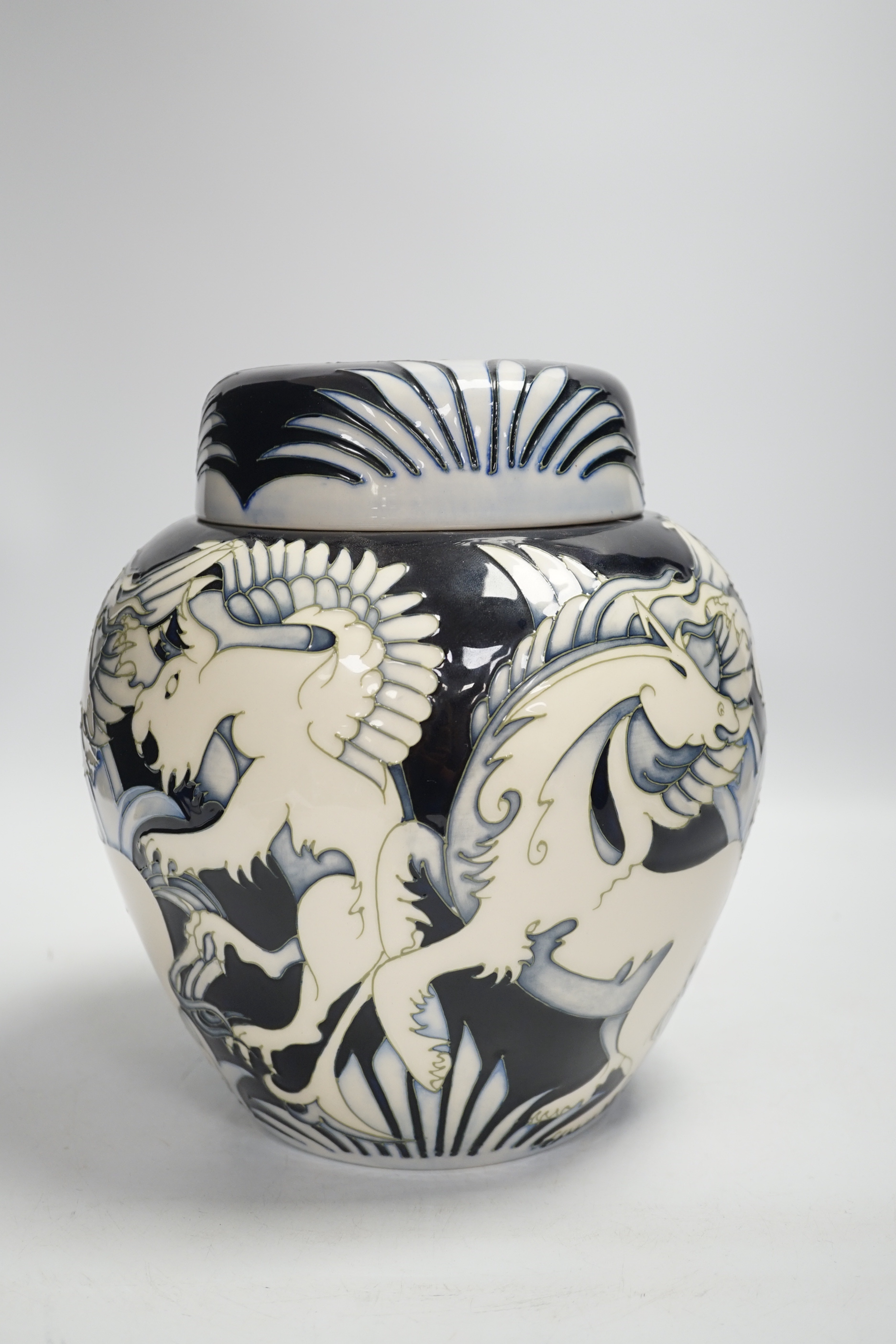 A large Moorcroft ‘Dance of the Griffin’ jar and cover, limited edition no 11/100. Designed by Vicky Lovatt. 24.5cm